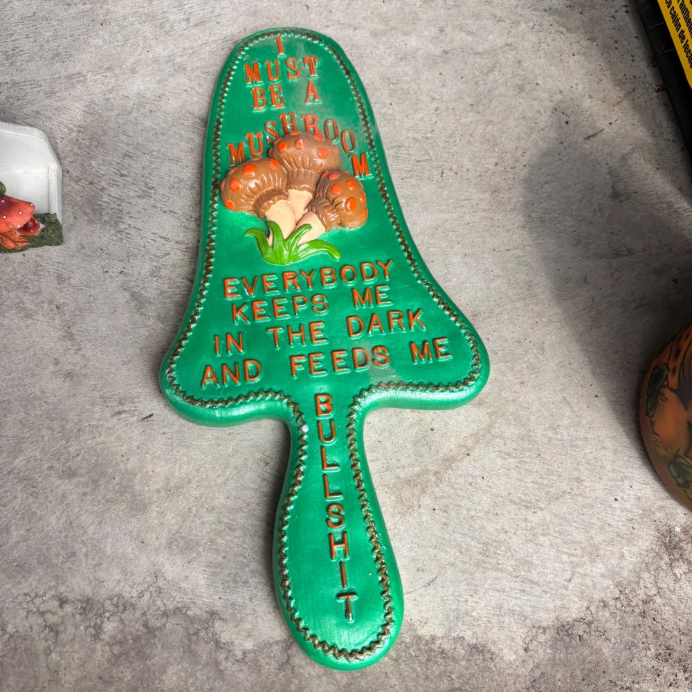 Vintage Mushroom Wall Plaque Quote Green Ceramic Sign Retro Decor Whimsy 70's